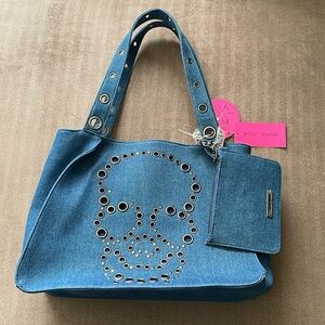 Betsey Johnson Blue Denim Tote with Skull Design